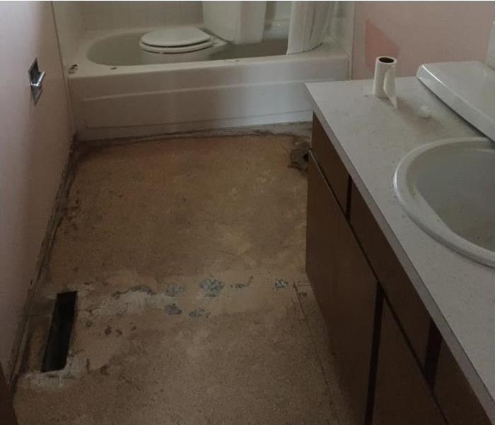 water damage to bathroom with flooring removed